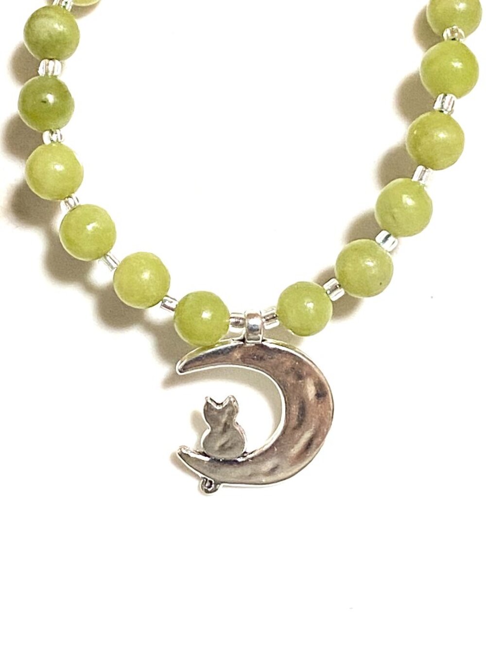 Genuine Serpentine Short Necklace, Gemstone & Silver Cat on the Moon Pendant